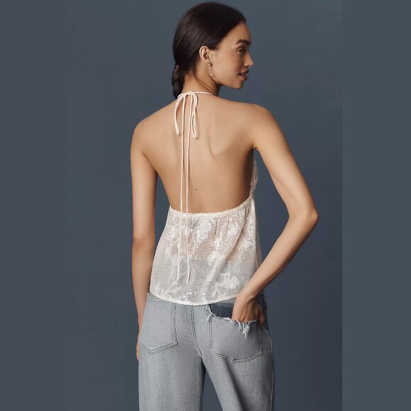 NEW Mare Mare - Sizes L, XL Women's V-Neck Halter Shiny Sequin Tank Top - Ivory - Picture 6 of 7